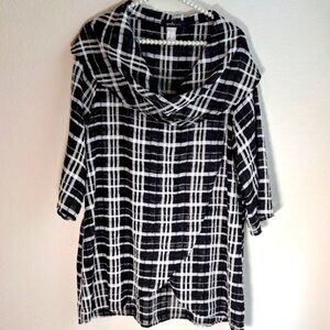 Yushi Women's Black & White Plaid Tunic Top Lagenlook Artsy Office Siren Large